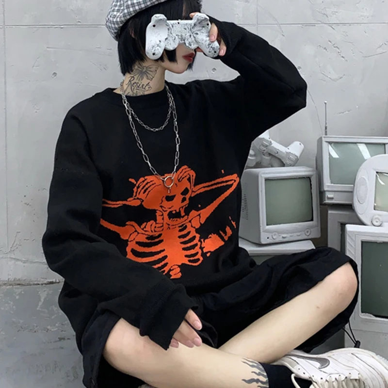 KALENMOS Gotice Punk Skull Model de Pulover Supradimensionat Femei Harajuku Liber Jumper Complet Maneca Feminin Streetwear Pulover 2020 Nou 2