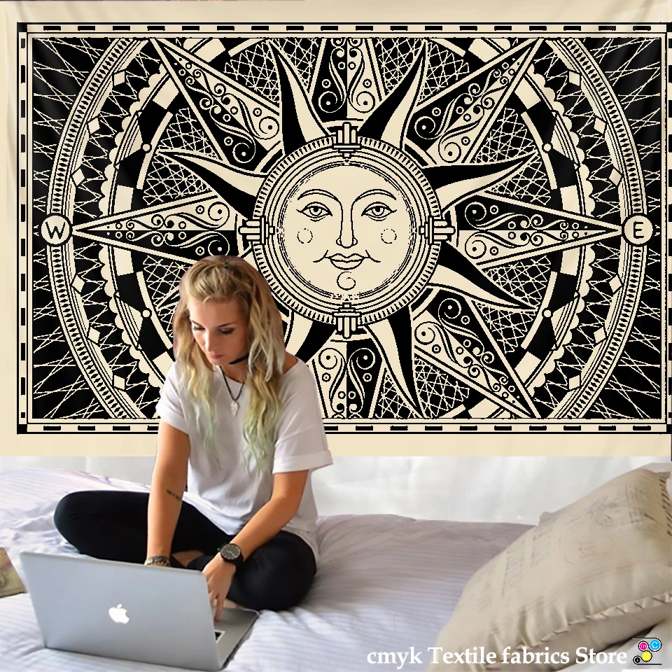 Mandala Tapiserie Vrăjitorie Agățat de Perete Boho-decor Astrologie Soarele Pătură Alb Negru Sun Moon Mandala Mână Spală Țesături Imprimate 2