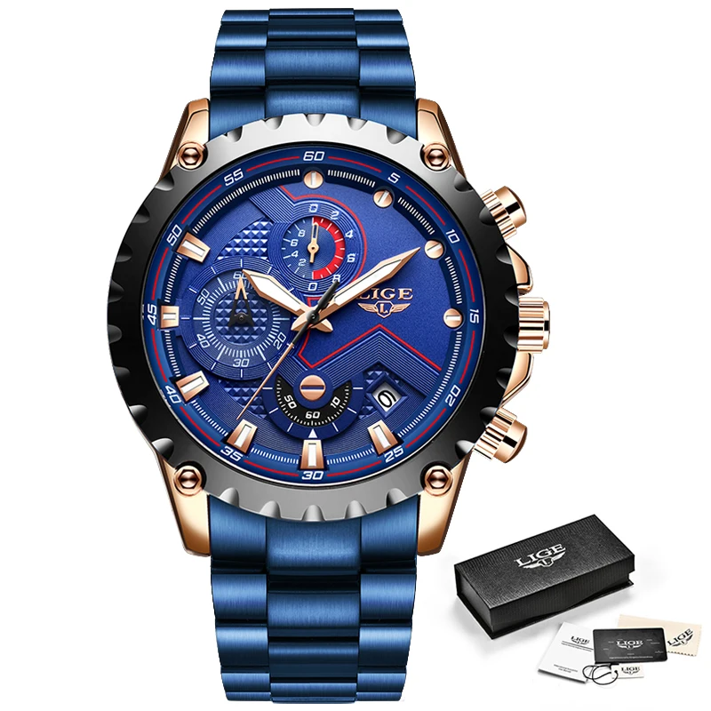 Moda Relogio Masculino LIGE Top Brand de Lux Ceas de mână Cuarț Ceas de Ceas Albastru Bărbați Impermeabil Sport Chronograph Mens Ceasuri 2