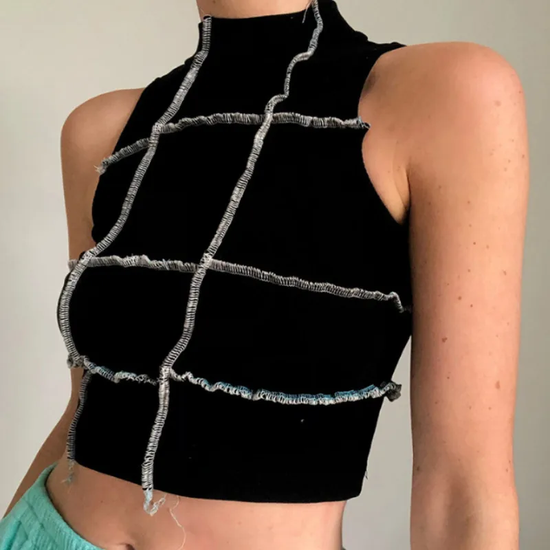 Negru Mozaic Bodycon Volan Culturilor Topuri Femeile Chic Casual Mâneci Streetwear De Vară 2020 Rezervor De Top Cu Dungi Slab Rezervor De Mujer 2