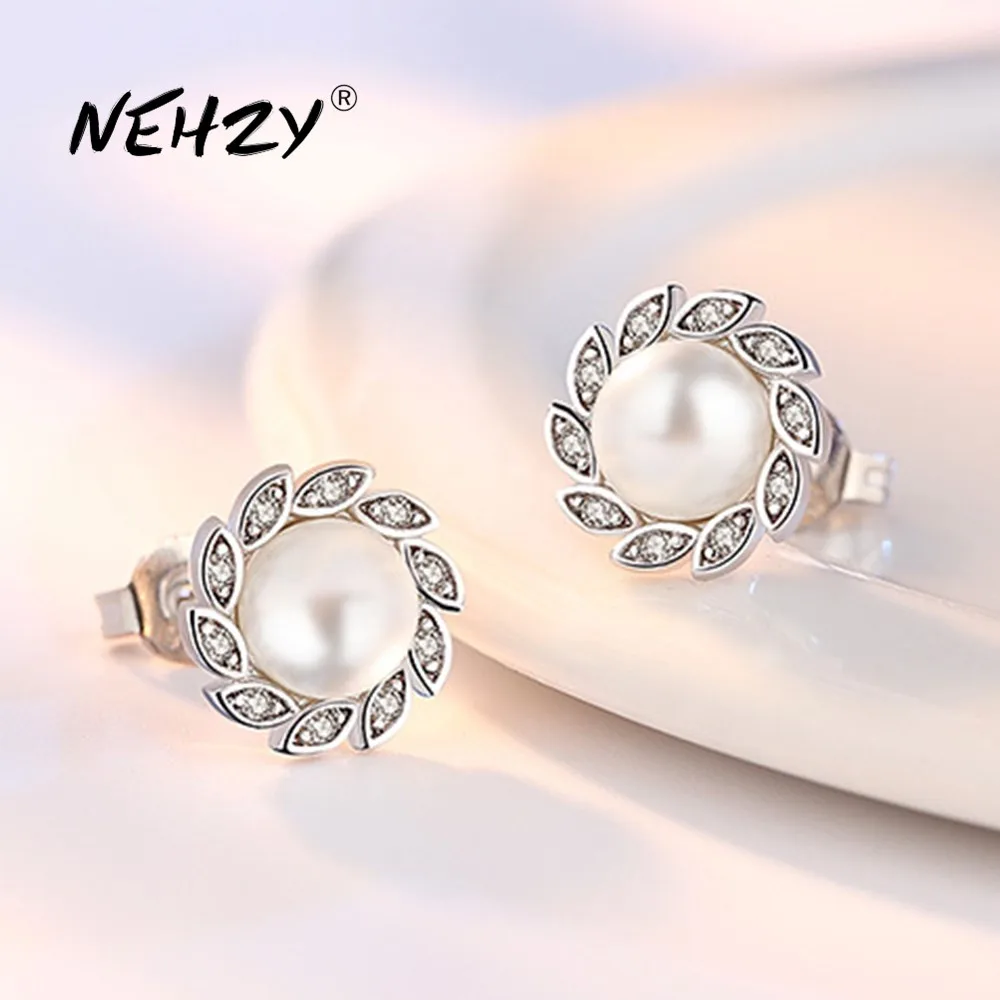 NEHZY Argint 925 Cercei Stud de Înaltă Calitate Femeie Moda Bijuterii Nou Vântul Frunza Cristal Zircon Pearl Cercei de Vânzare Fierbinte 2