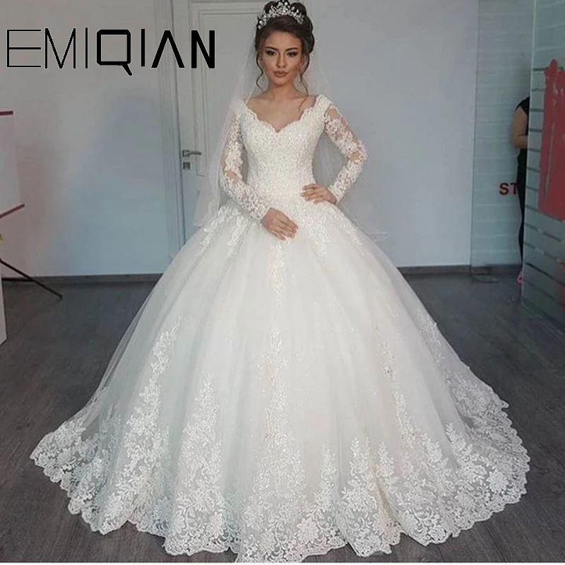 New Romantic V-gât Elegant Printesa Rochie de Mireasa Mâneci Lungi Aplici Celebritate Rochie de Bal vestido De Noiva 2