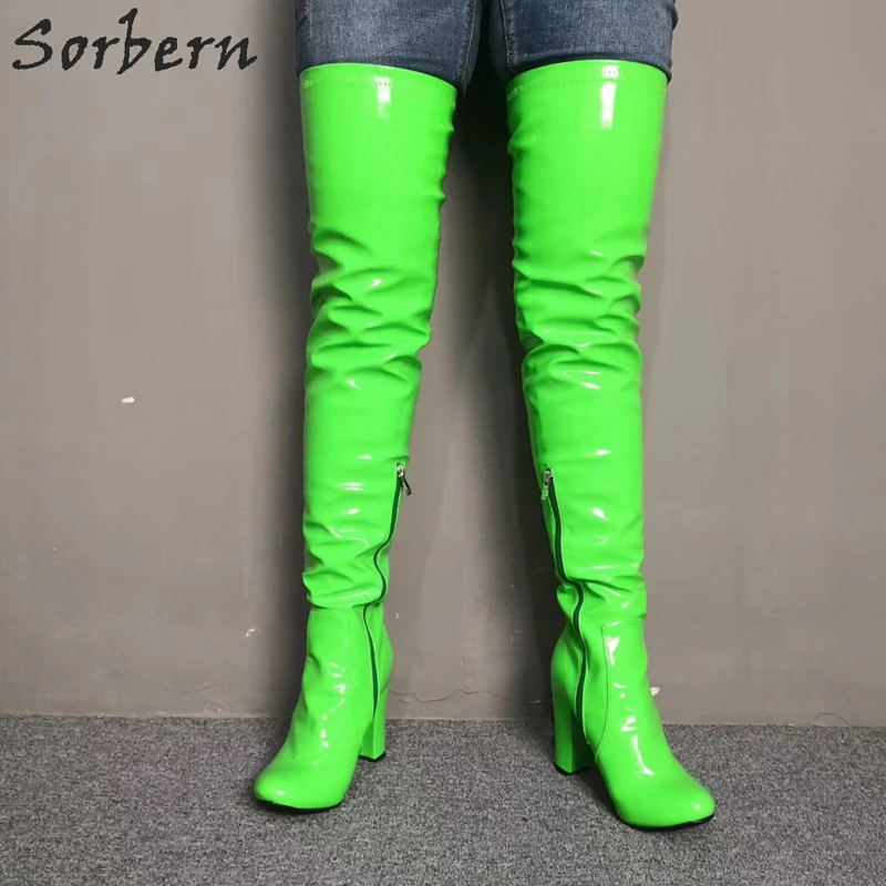 Sorbern Verde Neon Coapsa Inalta Femei Boot Bloc Tocuri Podium de Moda pentru Femei Personalizate Largă de Vițel se Potrivesc Doamnelor Cizme Cizmele 2