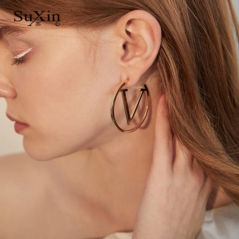 SuXin cercei 2020 simplu nou în formă de V, rotund cercei pentru femei timp de aliaj pandantiv cercei bijuterii cadou 2