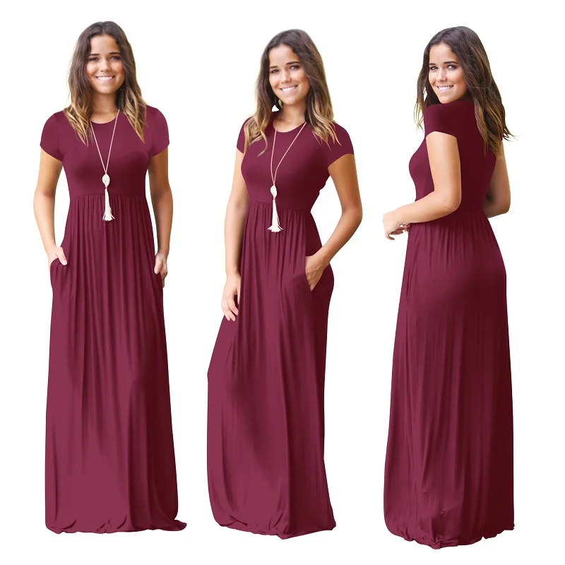 Vara femei maneci scurte-tunica simplă rochie maxi Casual, rochii lungi, cu buzunar Plus size 2xl violet, verde, negru, visiniu rochie 2