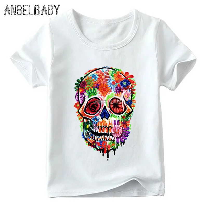 Baieti/Fete de Flori Craniu plin de culoare de Imprimare T-shirt pentru Copii de Vara cu Maneci Scurte Topuri copii pentru Copii Casual Amuzant tricou,ooo2147 3