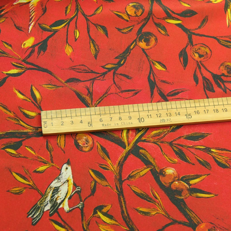 Copac și păsări de imprimare de mătase, Crep DE chine tesatura pe rosu jos 140cm latime,SCDC983 3