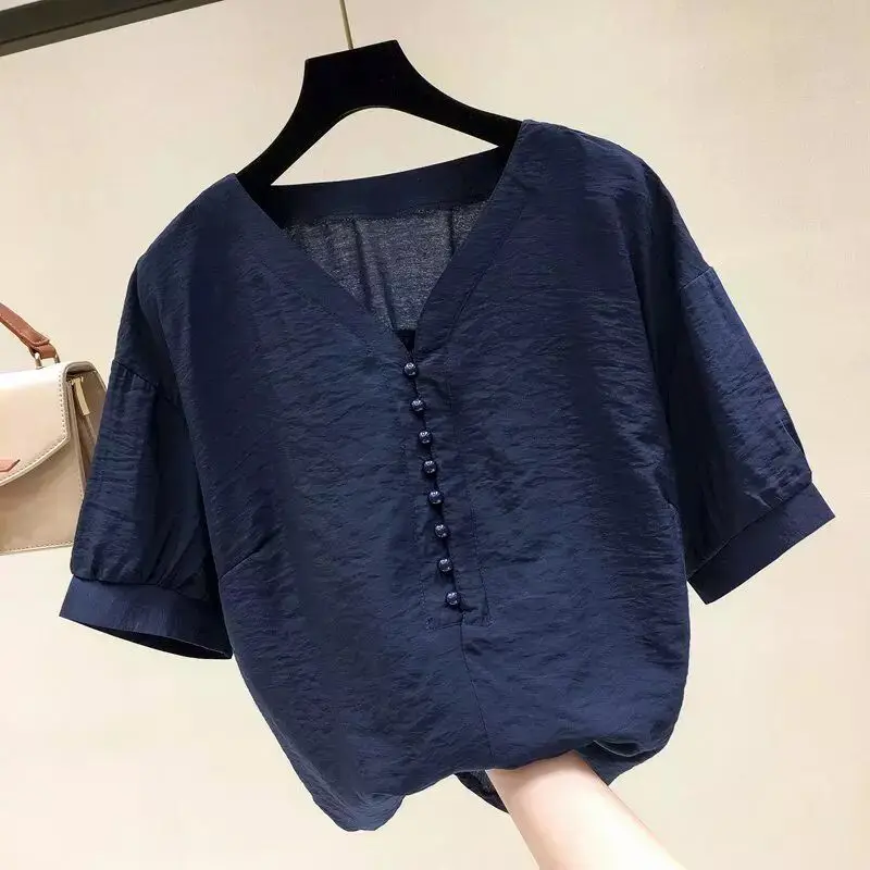 Coreeană Maneca Scurta Bluza Șifon Bluze 2021 Noi Subțire Șifon Tricouri Femei Vara Plus Dimensiune Bluze Largi, Tricou Femei Top Solid 3