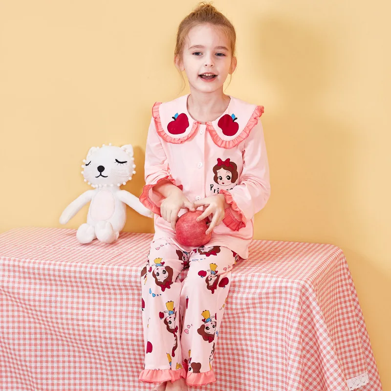 Design nou de Primăvară Pijamale Pentru Copii Fete de Bumbac Desene animate Seturi de Pijamale cu Maneca Lunga Drăguț Guler de Turn-down de Sus Și Pantaloni 3