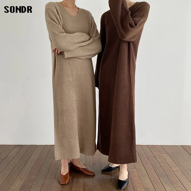 Dintr-o Bucata coreean Rochie Pulover 2020 Toamna Iarna Îmbrăcăminte pentru Femei V-Neck Loose Simplitate Tricot Bottom Rochie pentru Femei Rochie Lunga 3