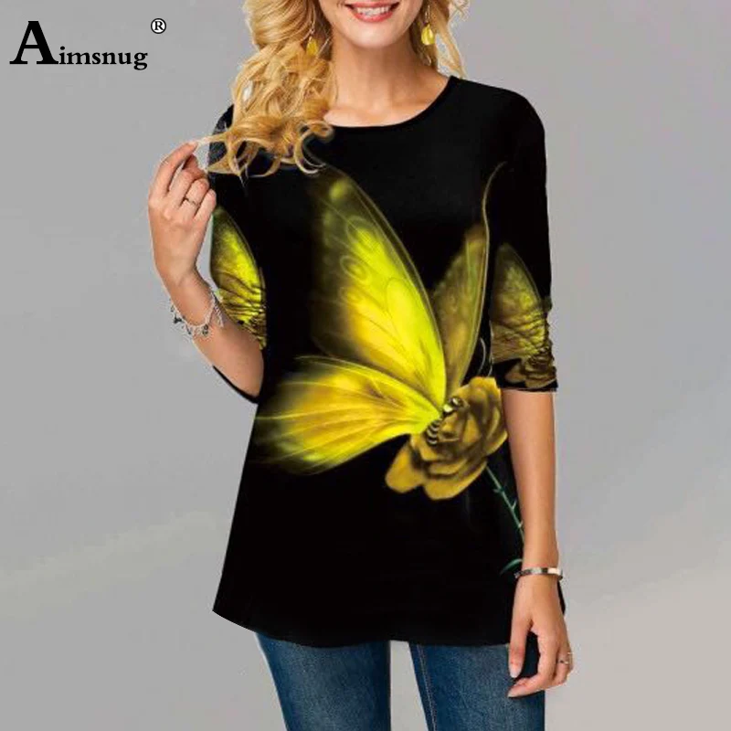 Femei de Dimensiuni Mari 5xl Noi de Vara Fluture Imprimate T-Shirt Maneca 3/4 Rotund Gât Topuri Elasticitatea Feminin Liber Casual Tricouri Tricou 3