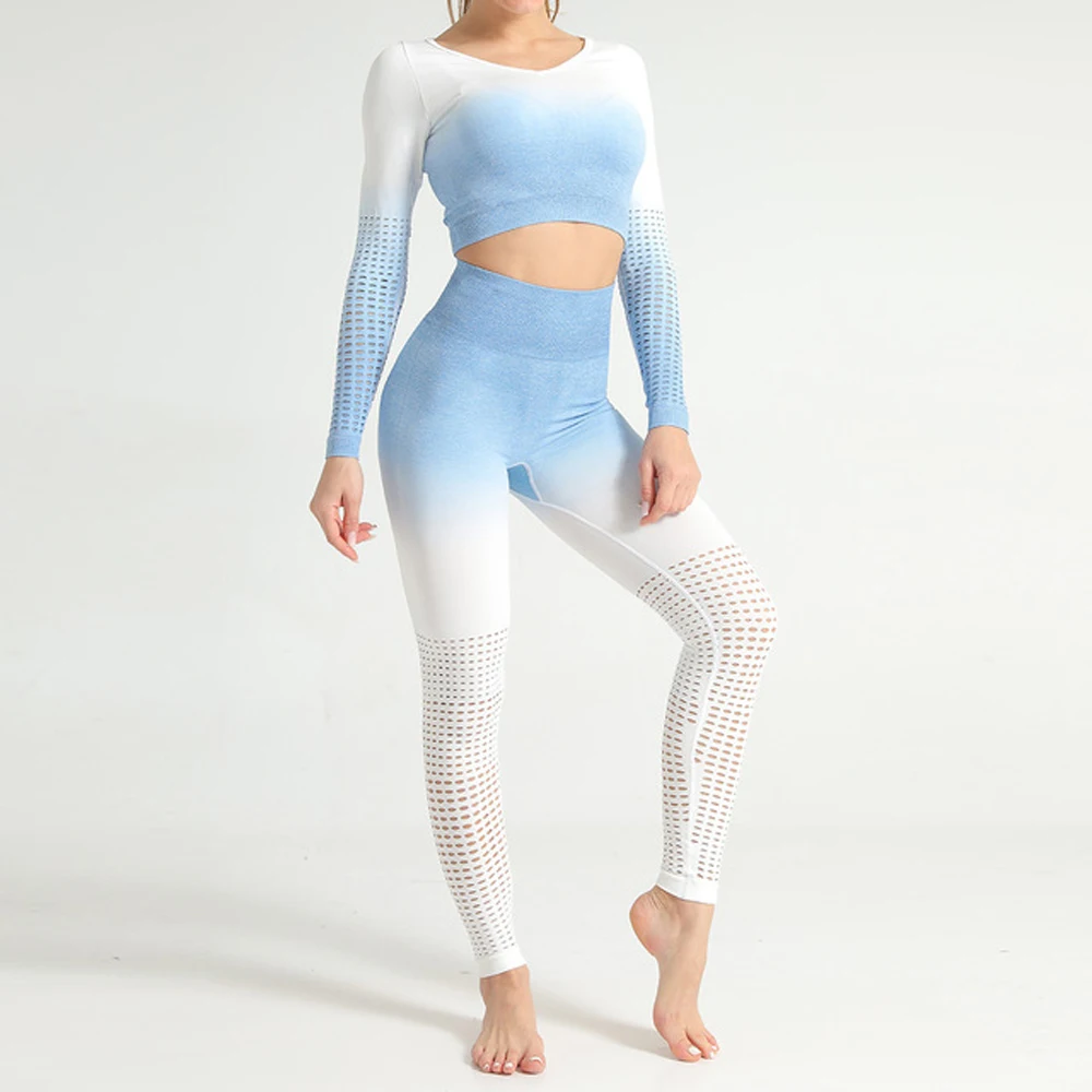 Femei fără Sudură Yoga Set de Vară Gol Gradient Elastica Fitness Sport cu mâneci Lungi T-shirt etanș Fese Pantaloni de Yoga 3