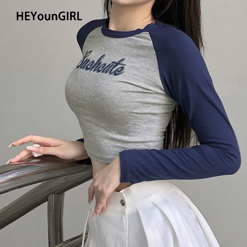 HEYounGIRL Mozaic Scrisoare de Imprimare Casual din Bumbac Tricou Femei de Moda cu Maneci Lungi Decupate T-shirt Doamnelor Slab de Bază Streetwear 3