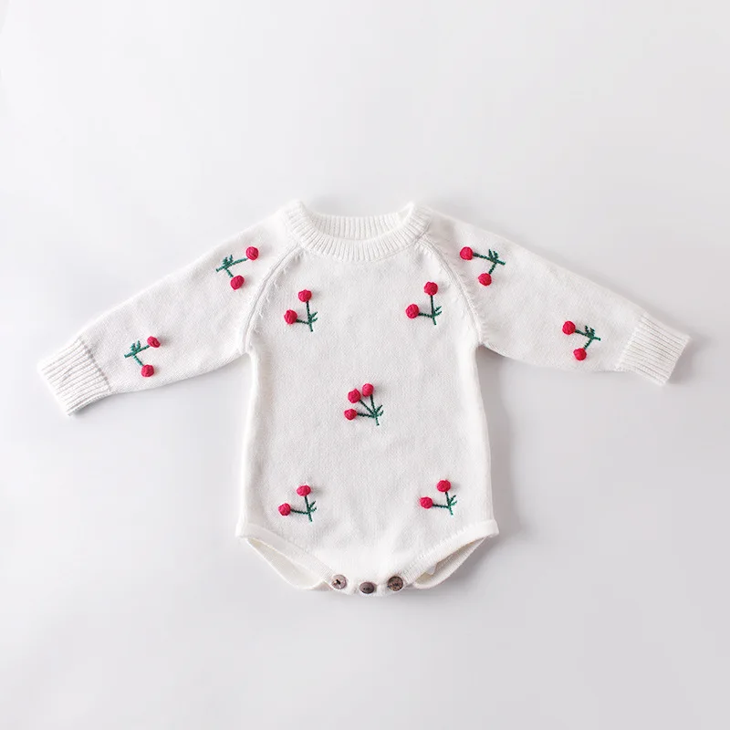 Ins Toamna Stil 2019 Copilul Cherry Salopetă Nou-Născut Dulce Roz Cu Maneci Lungi Tricotate Din Lână Salopete Fetita Floral Costum De Haine 3