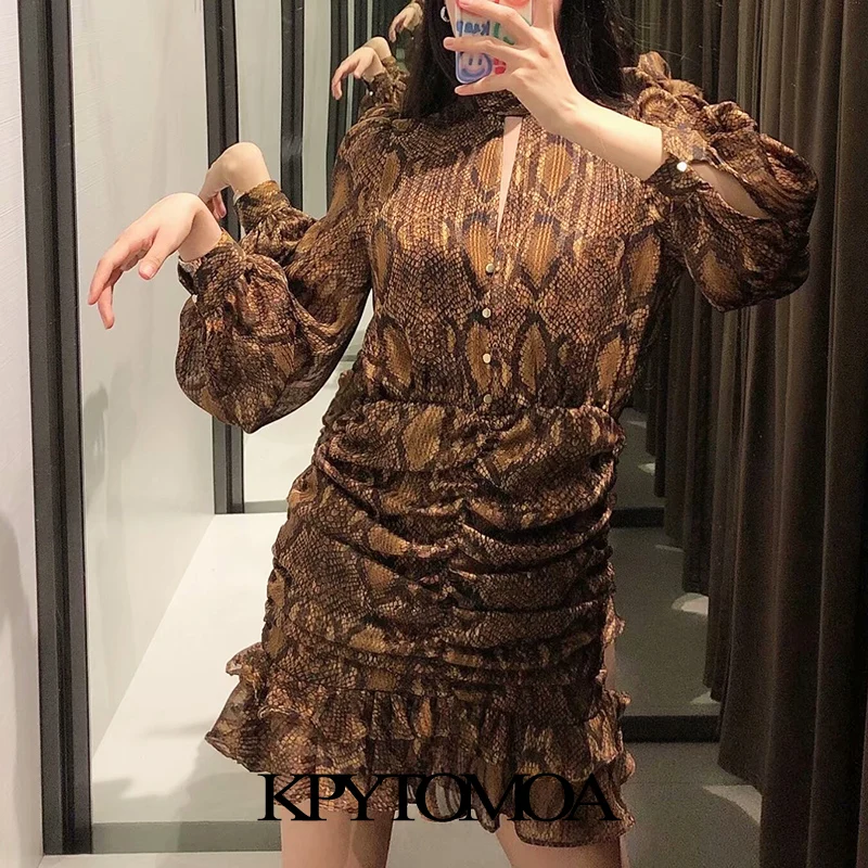 KPYTOMOA Femei 2020 Moda Chic Snake Print Ciufulit Rochie Mini Vintage Gât Înalt Elastic Talie Rochii de sex Feminin Vestidos Mujer 3