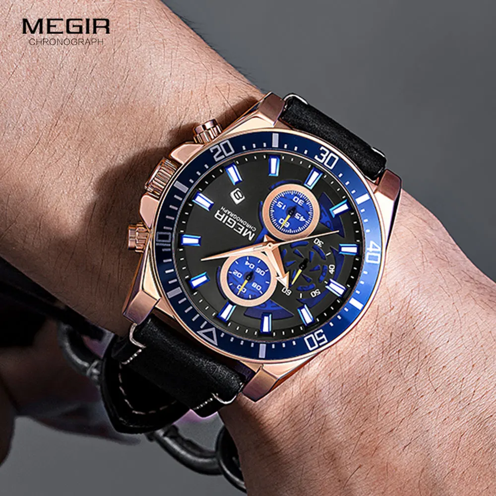 MEGIR 2020 Lux Curea din Piele Cuarț Ceasuri Barbati de Moda Casual Sport Chronograph Watch Om Impermeabil Ceas Luminos 3
