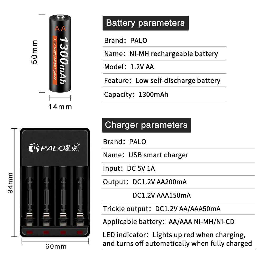 PALO Baterie AA 1.2 V Ni-MH AA Baterie Reîncărcabilă LED Incarcator 1300MAH Baterii Pentru ceas cu Alarma,aparat de ras Electric,Electric jucărie 3