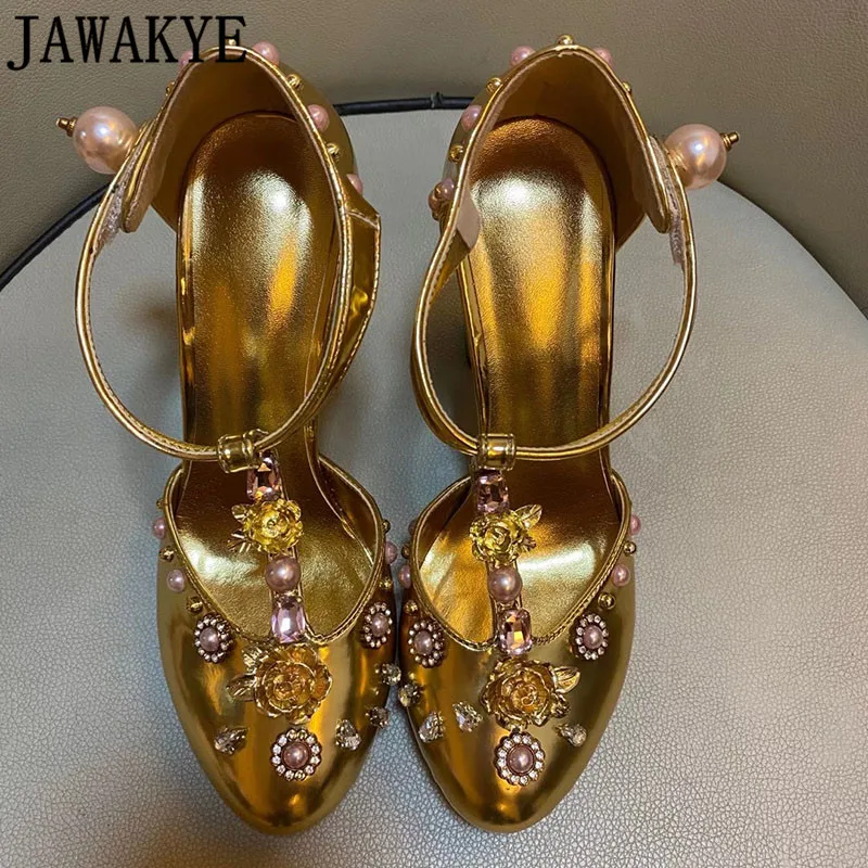 Piele De Aur Stras Pantofi Retro Floare Bijuterii Diamant Nituri Tocuri Inalte Mary Janes Plus Dimensiune Mireasa Nunta Pantofi Femei 3