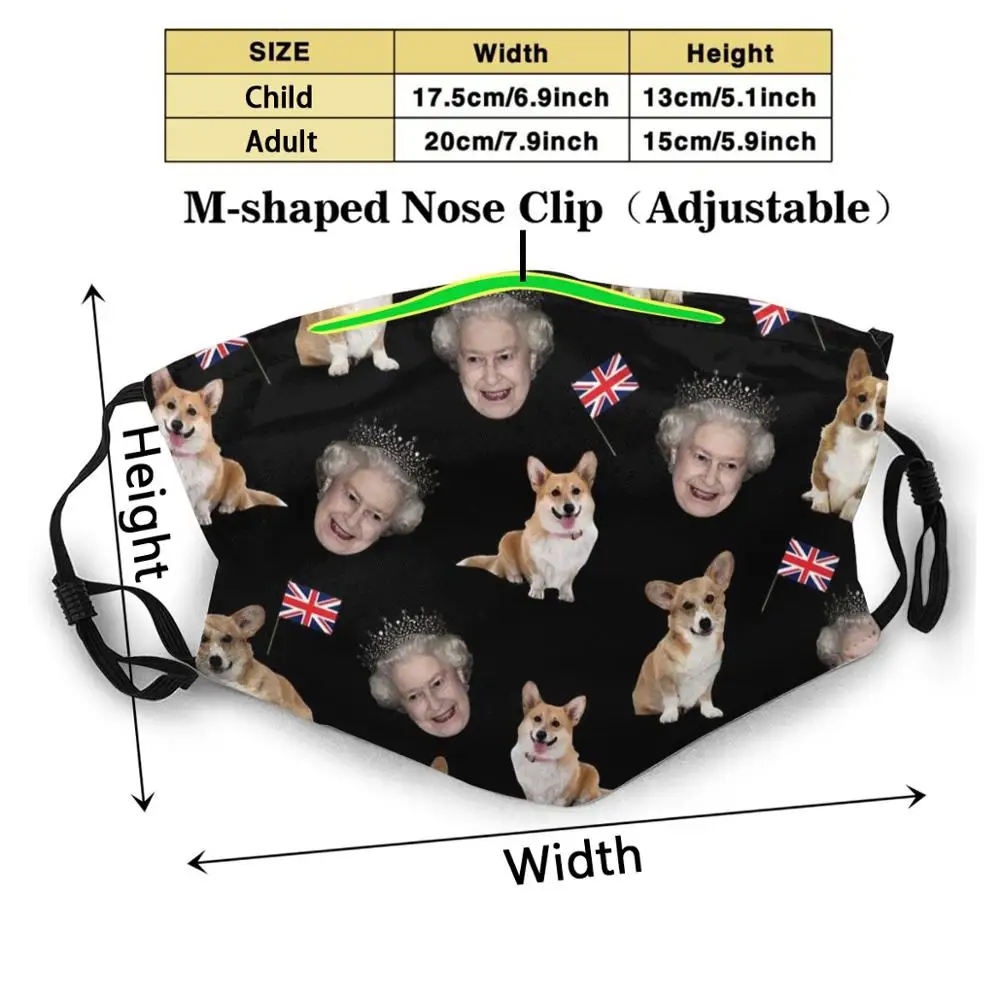 Regina Elisabeta Și Corgis Model Reutilizabil Gura Masca Filtru Lavabil Anti Praf Măști De Față Regina Elisabeta Regal Regal Câini 3