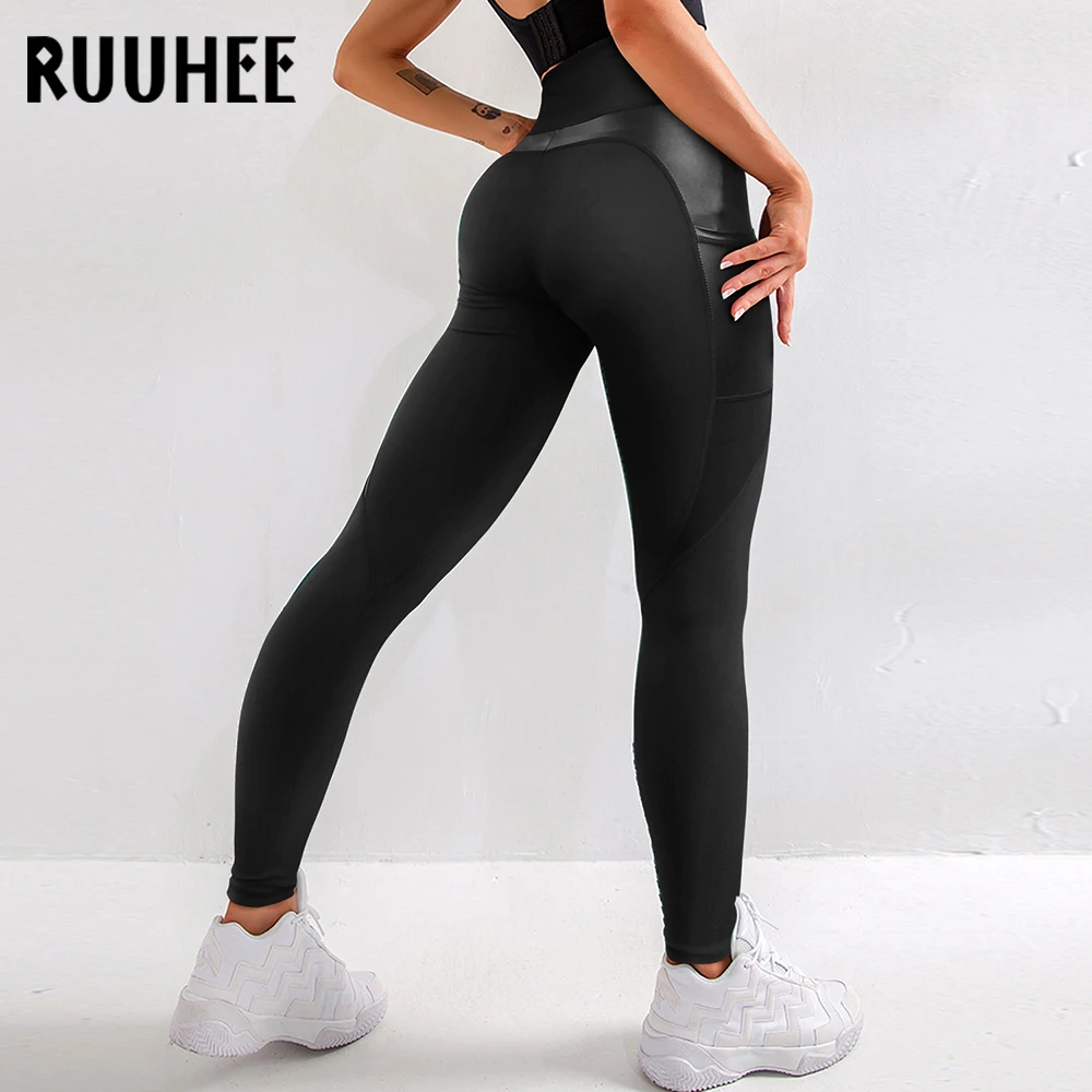 RUUHEE Jambiere Strânse Hip Rais Sport Femei Fitness Cu Buzunar Yoga Pantaloni Stretch Antrenament sală de Gimnastică Jambiere Mozaic Subțire Jambiere 3