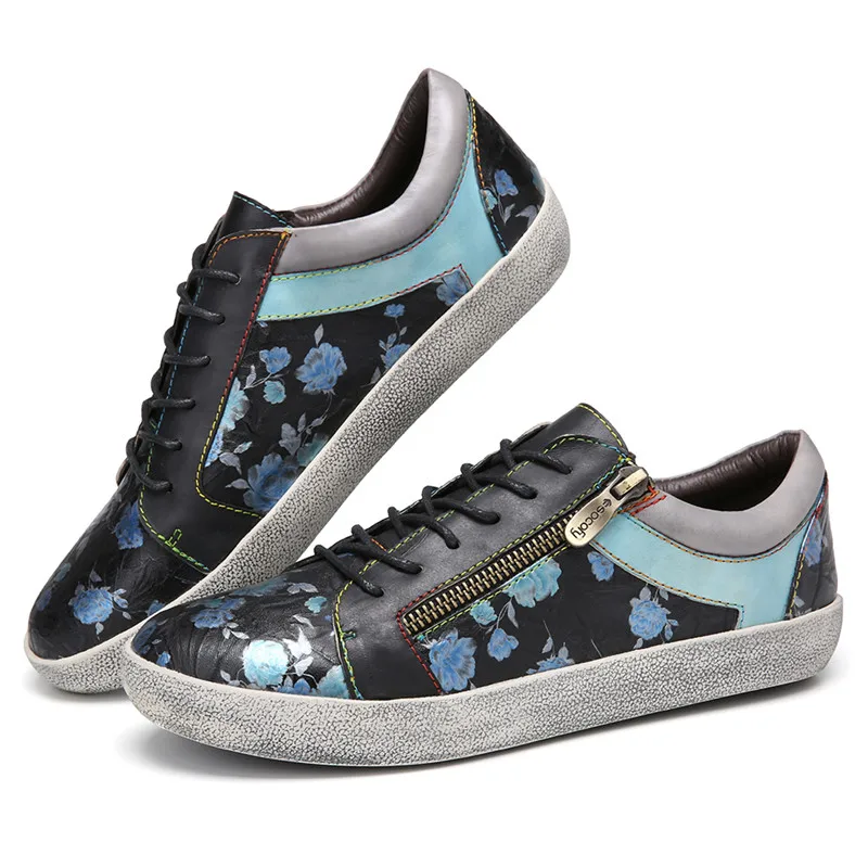 SOCOFY Femei Stil Retro Adidași din Piele Dantela-Up Pantofi de Despicare Florale, Decor cu Fermoar Plat Casual în aer liber, Tenis 2020 3
