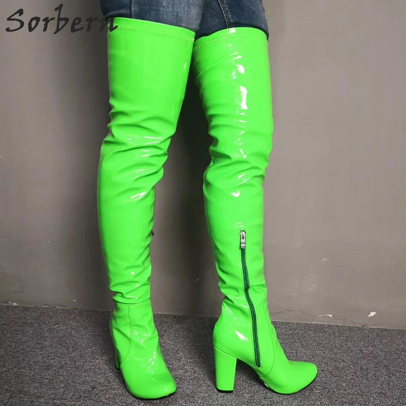 Sorbern Verde Neon Coapsa Inalta Femei Boot Bloc Tocuri Podium de Moda pentru Femei Personalizate Largă de Vițel se Potrivesc Doamnelor Cizme Cizmele 3