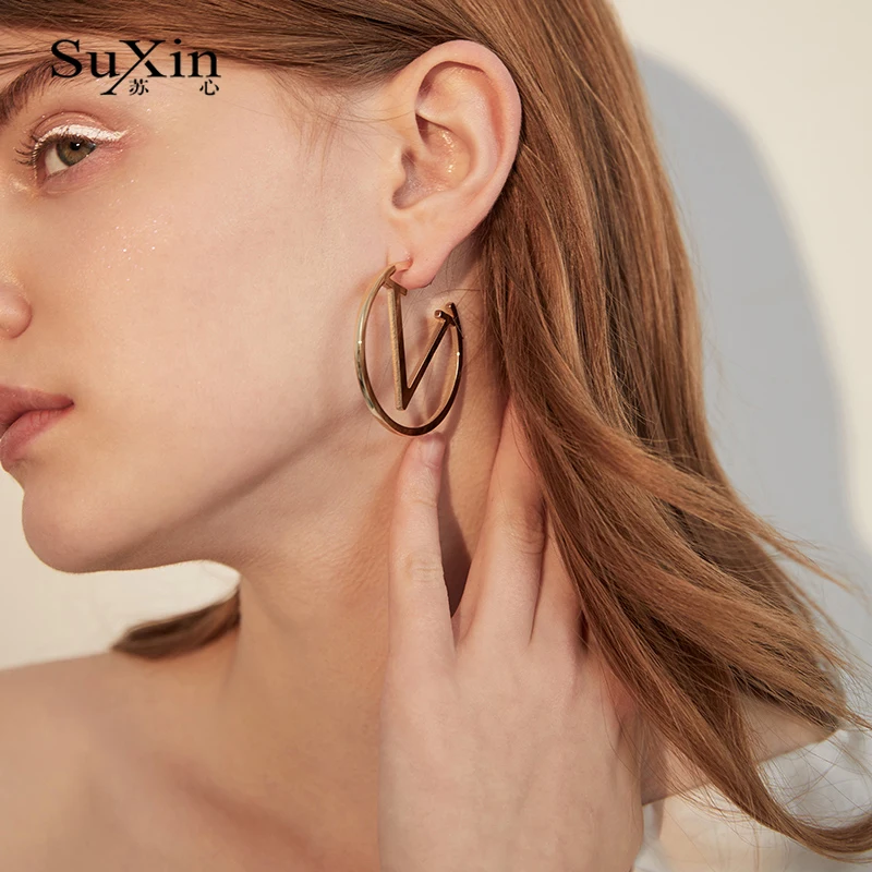 SuXin cercei 2020 simplu nou în formă de V, rotund cercei pentru femei timp de aliaj pandantiv cercei bijuterii cadou 3
