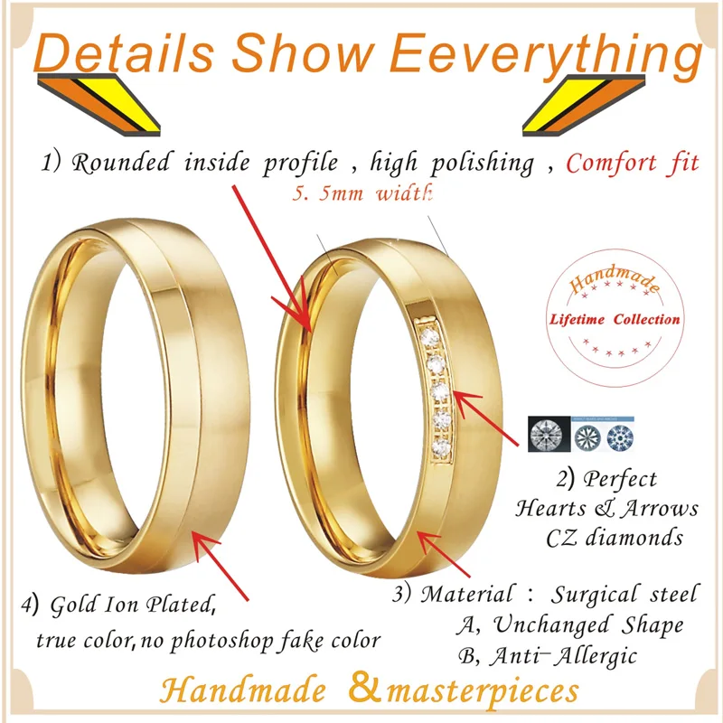 1 pereche de vest două inele de nunta reale aur de 18k ion placat cu dragoste alianța bijuterii din oțel inoxidabil deget inelul de căsătorie 4