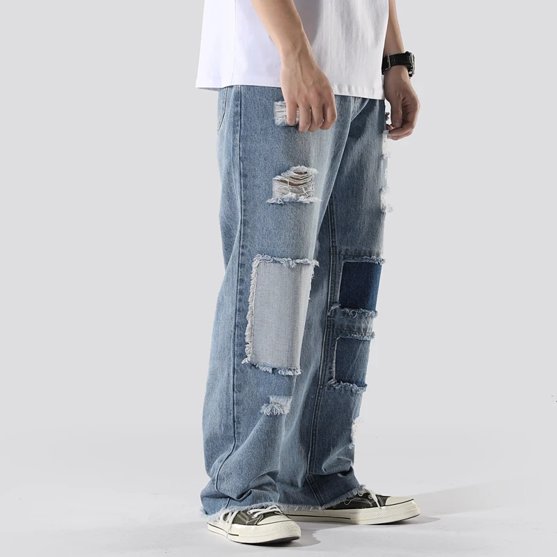 2019 Bărbați Hip hop Rupt Mozaic Liber Blugi Drepte Streetwear culoare Solidă Mens Bumbac Salopete Denim Pantaloni Plus Dimensiune XXXL 4