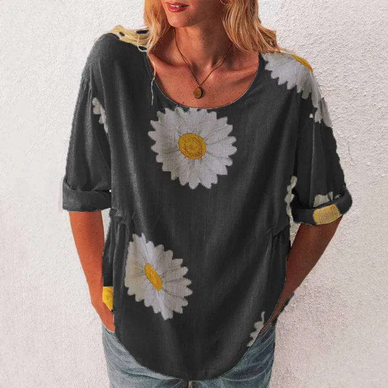 2020 Femei Elegante O-Neck Shirt Bluza Casual De Vara Lenjerie De Pat Din Bumbac Tricou Pulover Supradimensionat Daisy Print Feminin Blusa Topuri Blusas 4