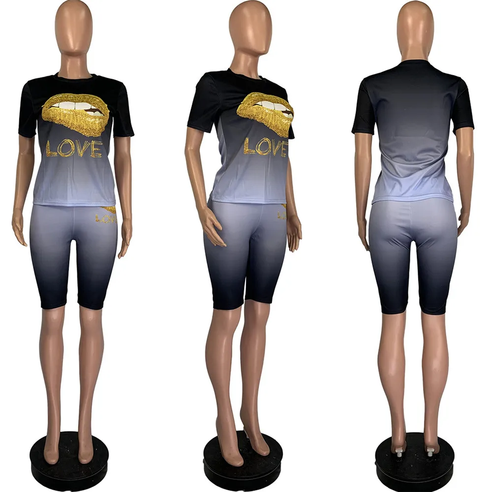 4XL Plus Dimensiune Două Bucata Set pentru Femei Trening Buze Scrisoare de Imprimare de Top Motociclist pantaloni Scurți de trening 2 Piese Costume de Potrivire Set Body 4