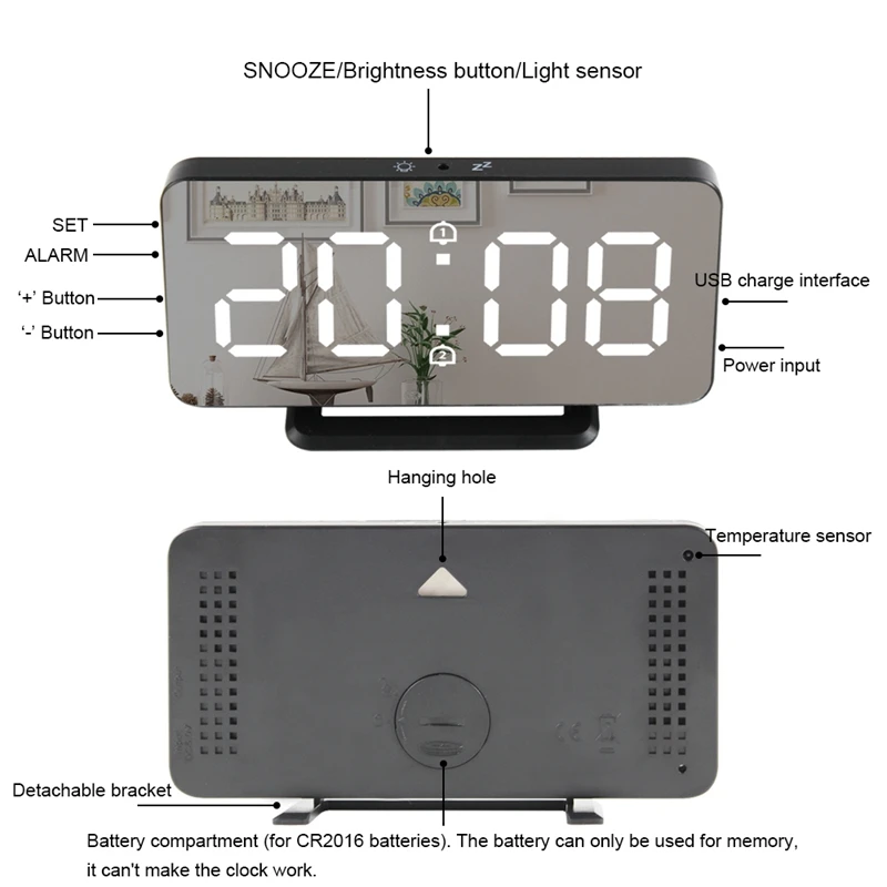 6 Inch LED Estompat Sn Ceas Digital pentru Dormitor,Usor Inteligent Număr Dublu Ceas cu Alarmă cu Funcție de Amânare 4