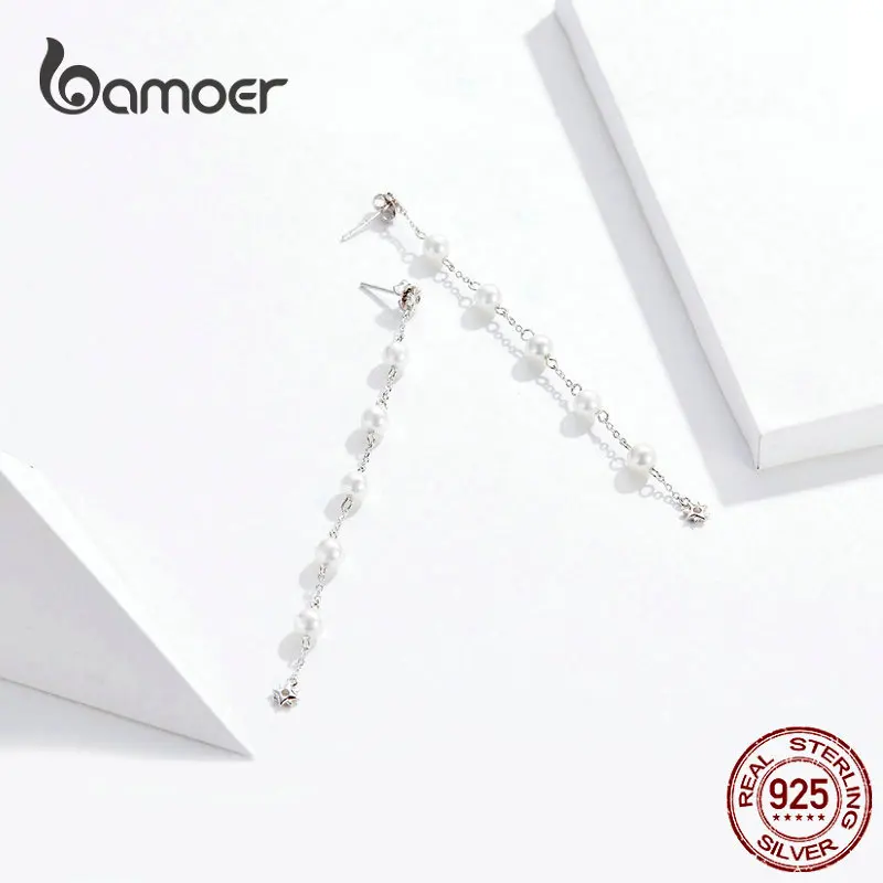 Bamoer Pearl Lanț Lung Picătură Cercei pentru Femeile Reale Argint 925 Legăna Stil coreean Cercei Petrecere Bijuterii BSE185 4