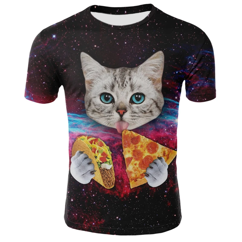 De Vară 2020 Noul Galaxy Spațiu 3D T-shirt Pisoi Drăguț Pisica Mananca Taco Pizza Amuzant Top T-shirt cu Maneci Scurte Tricou de Vară Comfortabl 4