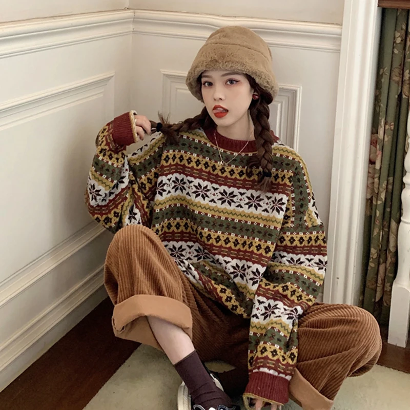 Despicare culoare femeii pulover gros vrac Harajuku îmbrăcăminte pentru femei cu maneci lungi retro pulover tricotate pulover de toamna 2020 femei 4