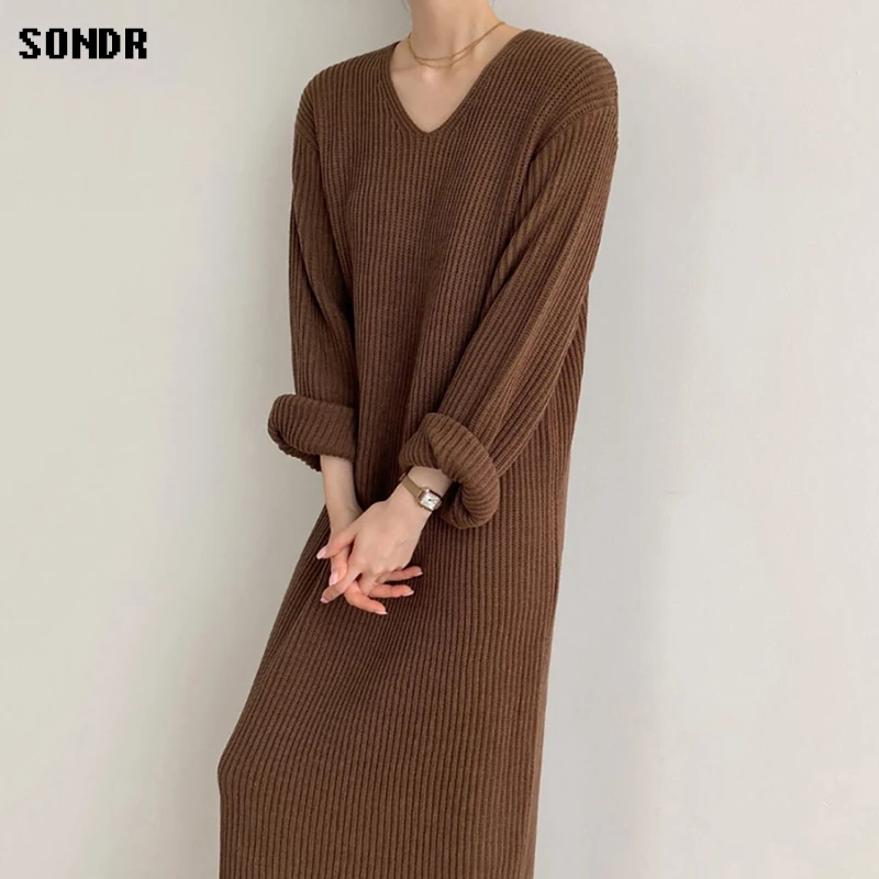 Dintr-o Bucata coreean Rochie Pulover 2020 Toamna Iarna Îmbrăcăminte pentru Femei V-Neck Loose Simplitate Tricot Bottom Rochie pentru Femei Rochie Lunga 4