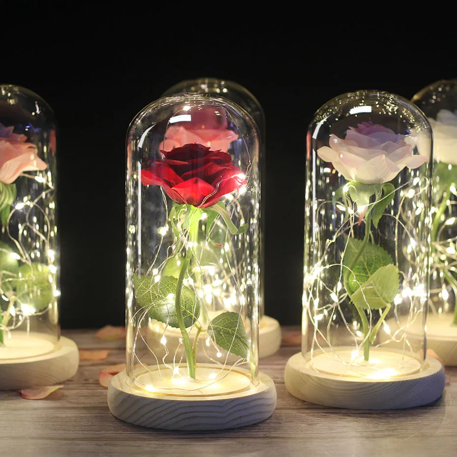 Dropshipping frumoasa si ia Trandafir Roșu într-o Cupolă de Sticlă cu Lumină LED-uri de Bază de Lemn de Valentine ' s Ziua de Crăciun Cadou 4