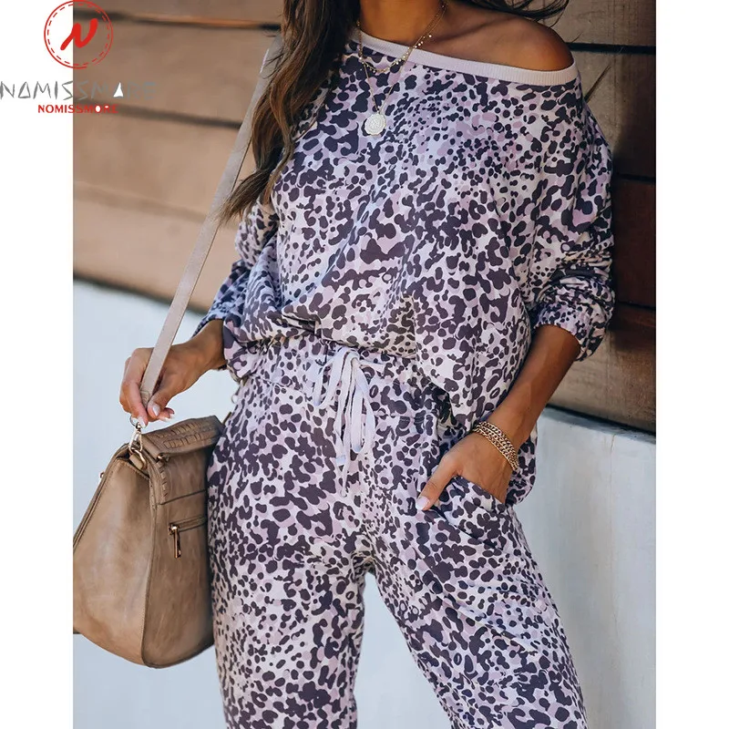 Femei Casual Pierde 2 Bucata Set Cordon De Proiectare Buzunare Decor Talie Mare Leopard Print Slim Pantaloni De Creion+O-Neck Maneca Lunga De Sus 4