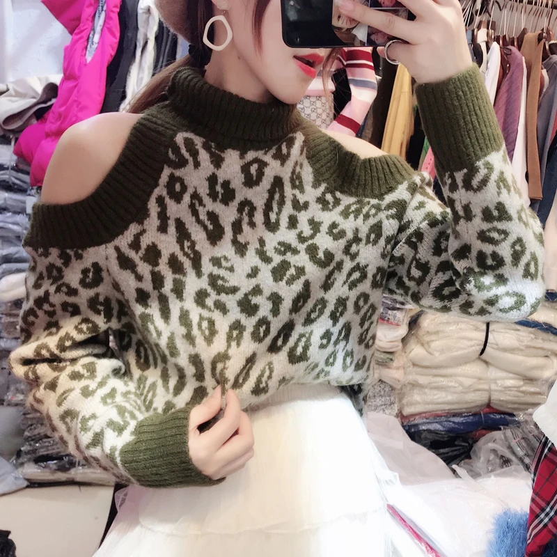 Fierbinte stil celebritate pe internet pulovere tricotate pulovere de moda pentru femei sexy pe umăr pulover tricot guler de Sus Leaopard 1133 4