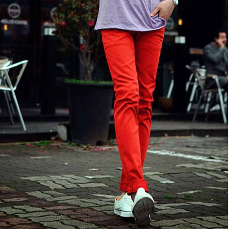 Idopy Moda Mens Stil Coreean Colorate Blugi Skinny Roșu Clasic Rece Slim Fit Pantaloni De Creion Pentru Bărbați 4