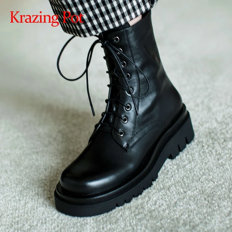 Krazing oala de mari dimensiuni de iarnă pantofi femei din piele eco-legat platforma rotund deget de la picior toc pătrat mare cu fermoar glezna cizme L7f2 4