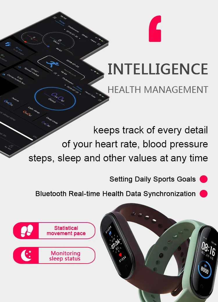 M5 Ceasuri Inteligente Bluetooth, Bratara Ceas Sport Tracker de Fitness Pedometru, Monitor de Ritm Cardiac Bratara SmartBand pentru Android IOS 4