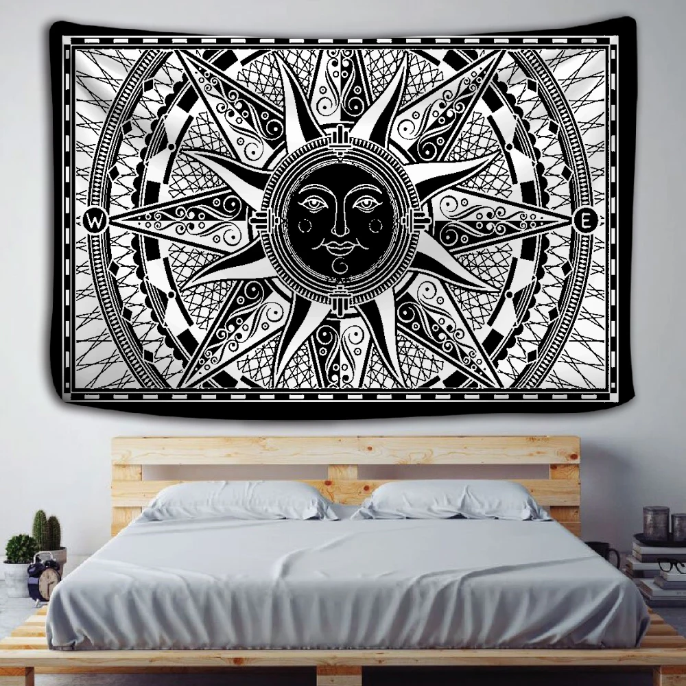 Mandala Tapiserie Vrăjitorie Agățat de Perete Boho-decor Astrologie Soarele Pătură Alb Negru Sun Moon Mandala Mână Spală Țesături Imprimate 4