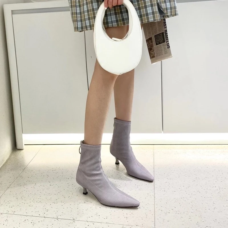 Moda Femei Șosete Cizme Stretch Botas Glezna Cizme Scurte Negre Kaki Mov Pantofi 2021 Nou Stil Zip Înapoi De Cizme De Toamna Mijlocul Tocuri 4