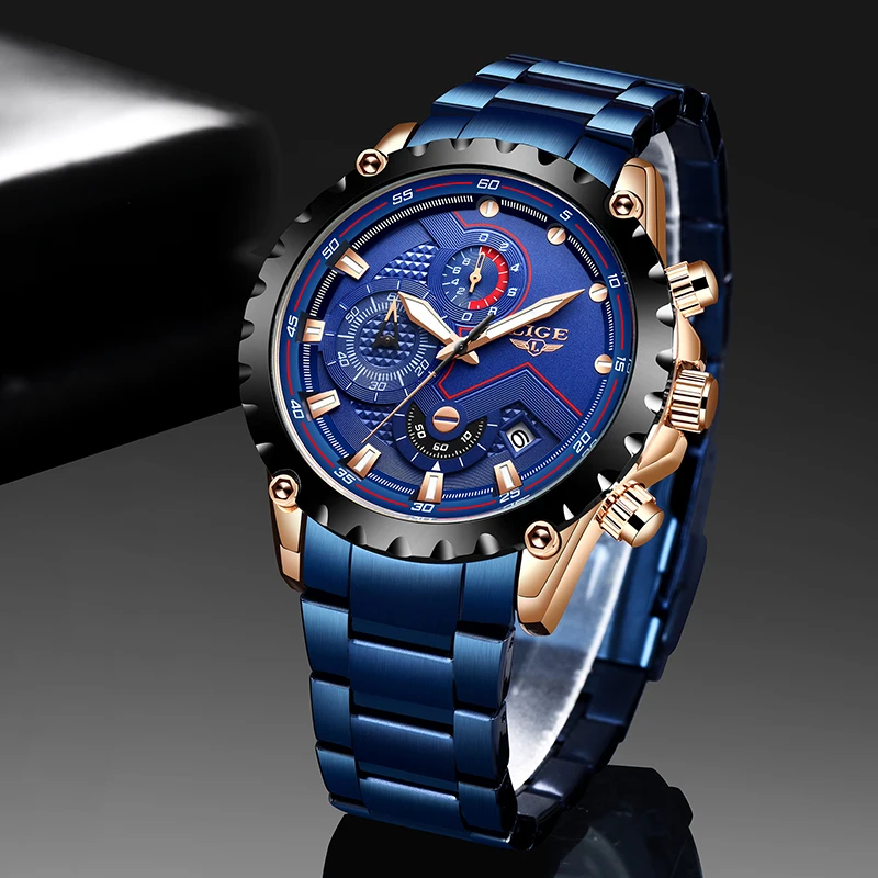 Moda Relogio Masculino LIGE Top Brand de Lux Ceas de mână Cuarț Ceas de Ceas Albastru Bărbați Impermeabil Sport Chronograph Mens Ceasuri 4