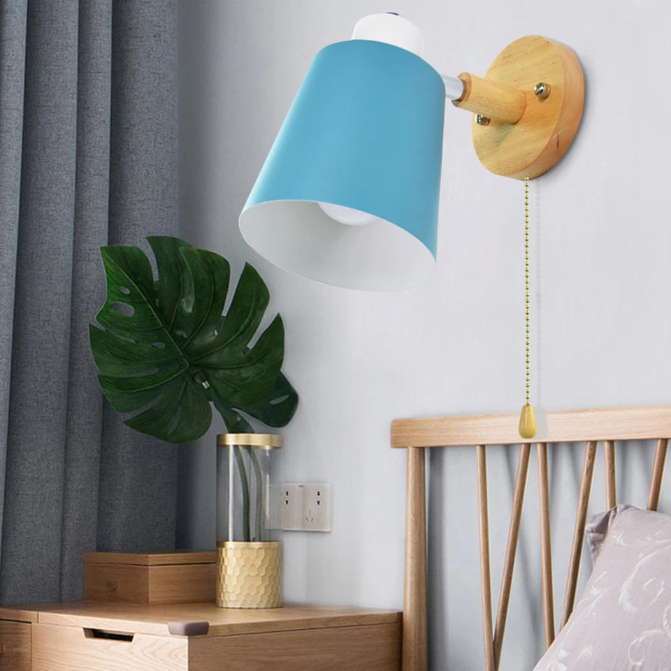 Modern din lemn, lumini de perete noptieră lampa de perete E27 cu Fermoar comutator tranșee Nordice lumina de perete pentru dormitor macaroon 5 culoare 85-285V 4