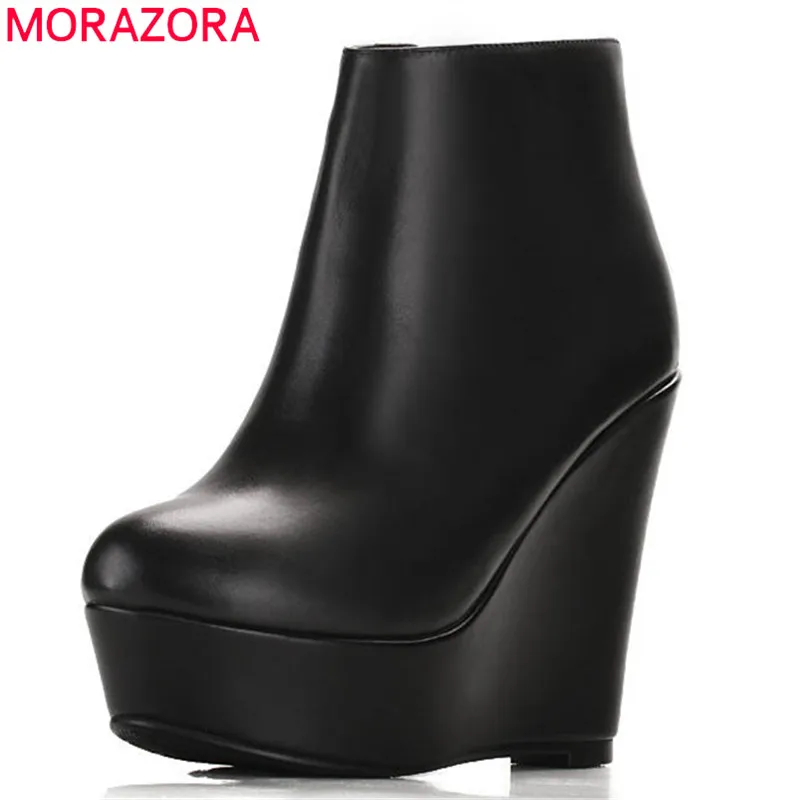 MORAZORA 2020 fierbinte de vânzare din piele cizme rotund toe primavara toamna glezna cizme pentru femei platforma de moda pene, pantofi cu toc inalt 4