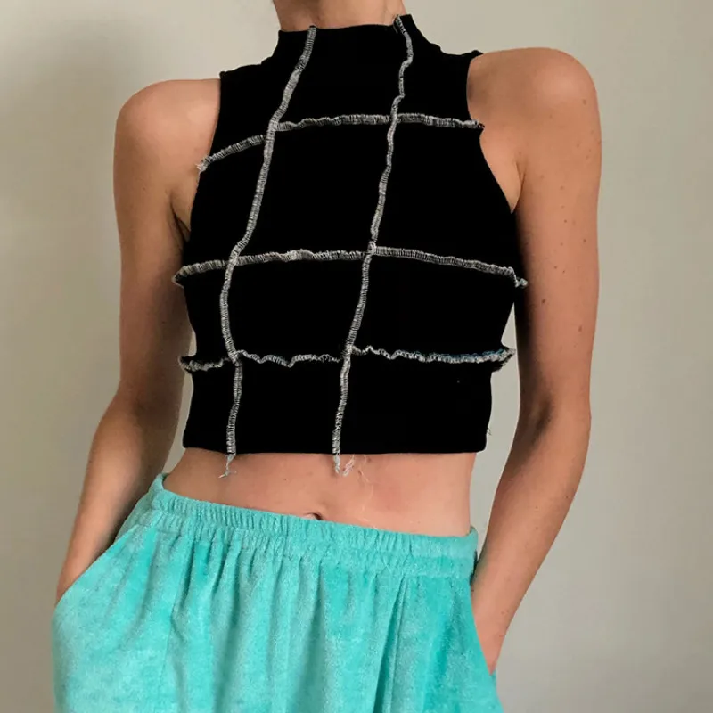 Negru Mozaic Bodycon Volan Culturilor Topuri Femeile Chic Casual Mâneci Streetwear De Vară 2020 Rezervor De Top Cu Dungi Slab Rezervor De Mujer 4