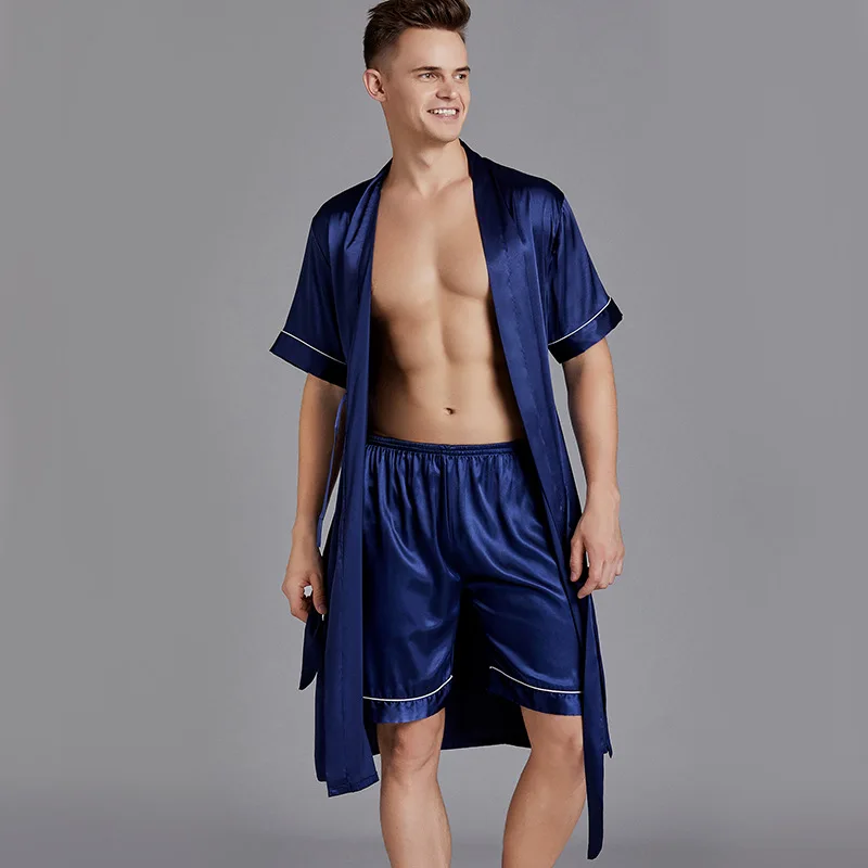Oamenii Kimono-Halat Rochia Sleepwear 2 BUC Halat de&Set de pantaloni Scurți din Satin Matasos Pijamale Lenjerie Intima Casual, Halat de Baie Supradimensionată 3XL 4
