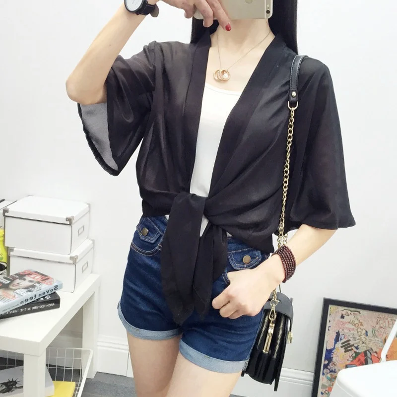 Sifon Kimono Cardigan Casual Jumătate Maneca Vrac Negru De Femei Bluze Camasi Plus Dimensiunea Femei De Vară Îmbrăcăminte Exterioară Topuri 4